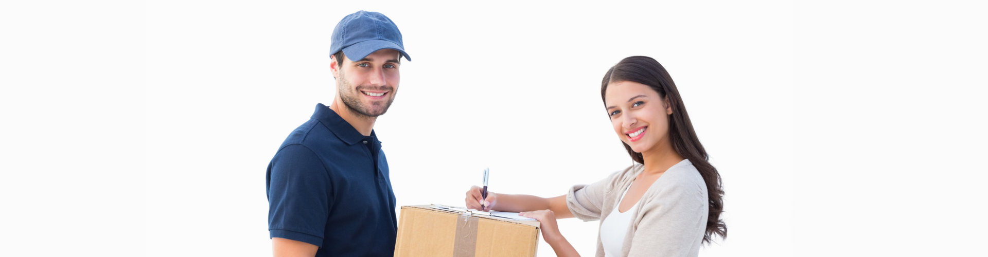 woman and a delivery man smiling